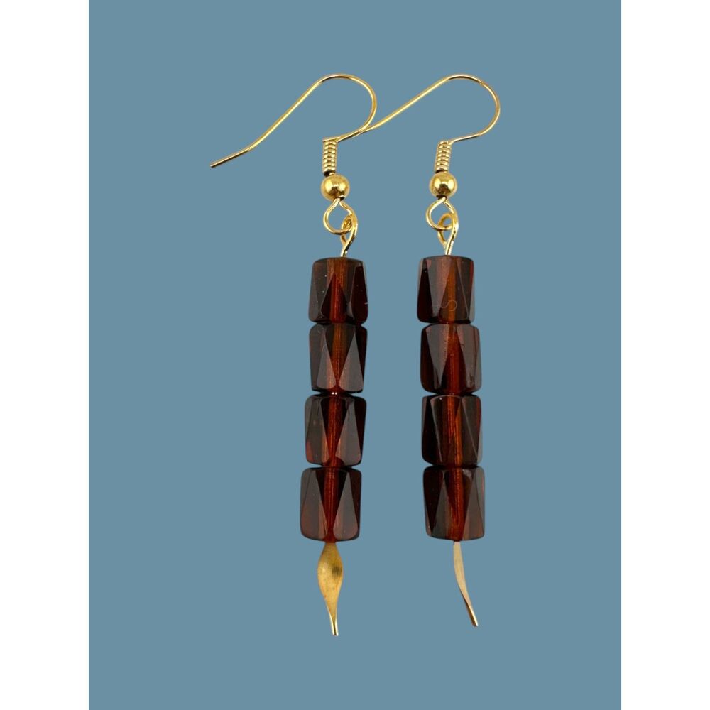 Amber Brown Czech Glass Earrings Gold Plated Faceted Dangle Minimalist Handmade - Picture 4 of 10